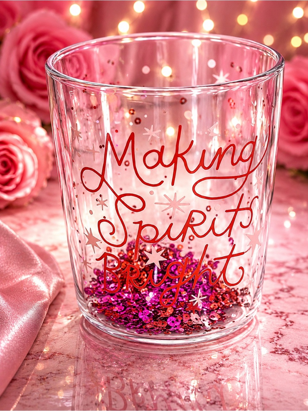 Making Spirits Bright Pink Glitter Double-Walled Glass - 14 oz